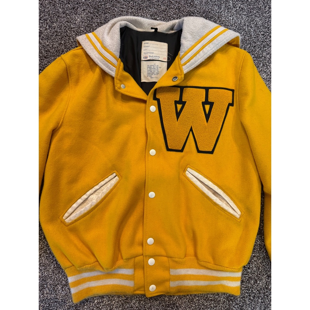 Vintage DeLONG Sportswear Varsity Jacket Yellow Wool Hooded Letterman Stacie 40